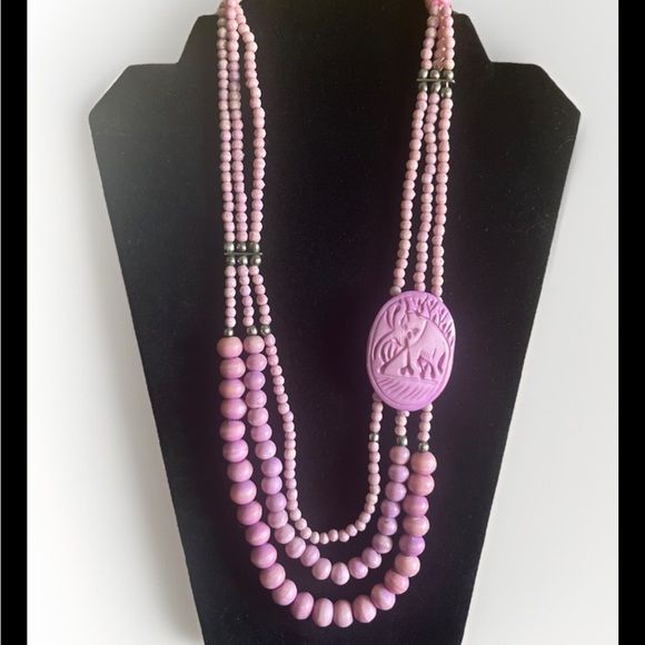 Vintage Lavender Dyed Bone Bead Triple Strand Necklace Elephant 23” - Picture 1 of 6